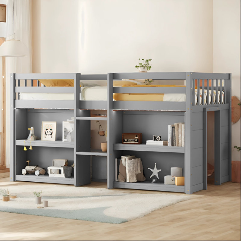 Lit simple mezzanine bas avec tablettes Jceur, Gris
