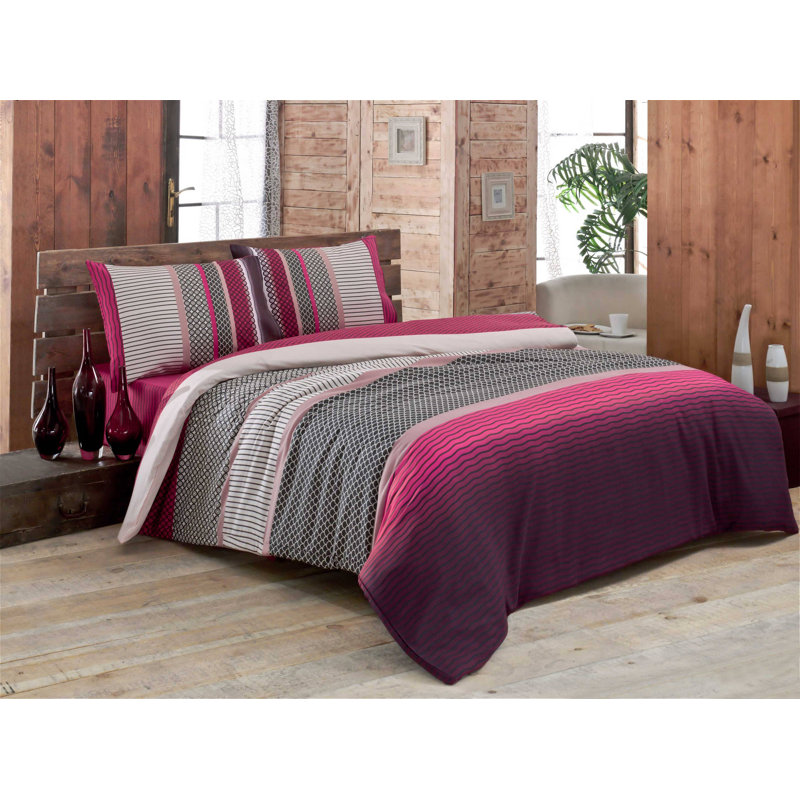 Ensemble de housse de couette 3 pièces en mélange de coton rose / gris / blanc Essien