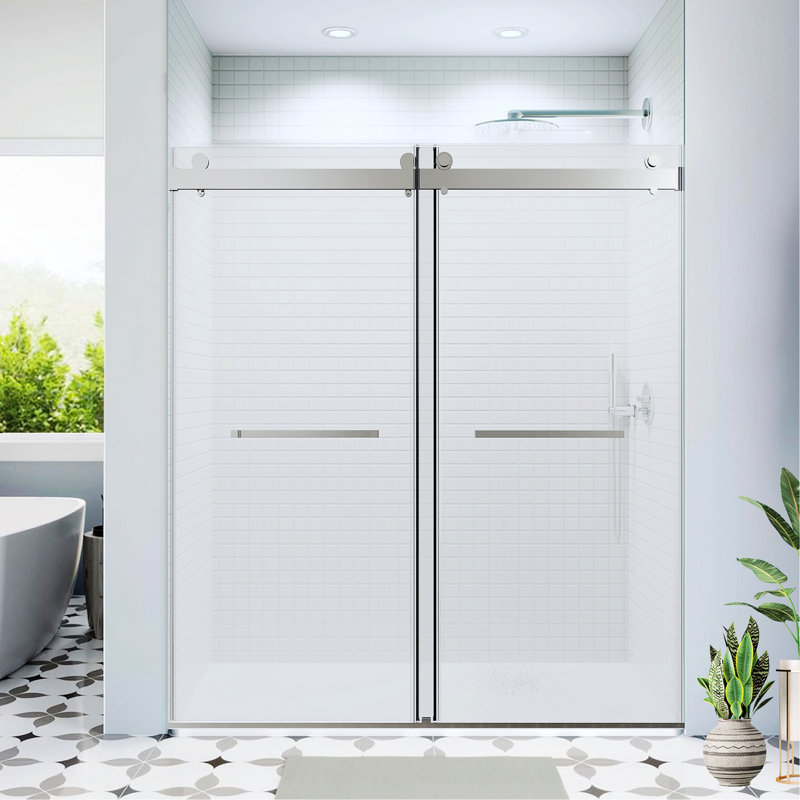 Sliding Frameless Soft-Close Shower Door For Bathroom, Brushed Nickel