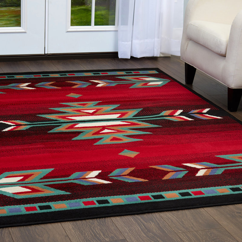 Tapis d'intérieur rouge / noir de style sud-ouest Hilander, Rectangle 3 pi 7 po x 5 pi 3 po