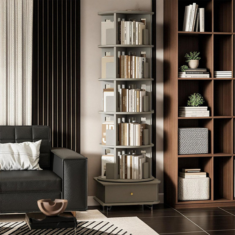 Bibliothèque rotative grise moderne en bois massif, (5 tablettes) H 71,65 po x l 19,29 po x P 19,29 po