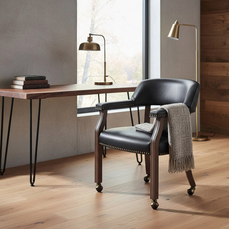Chaise de salle à manger et de jeu en noyer avec similicuir noir