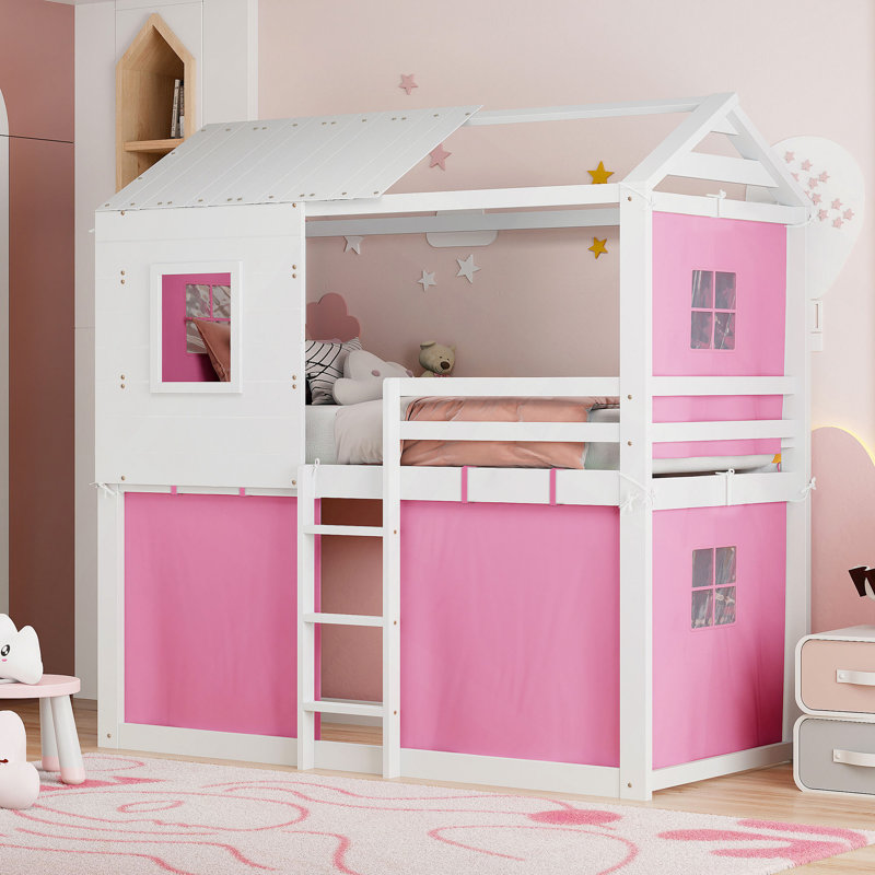 Lit superposé en bois avec tente, Rose/Blanc