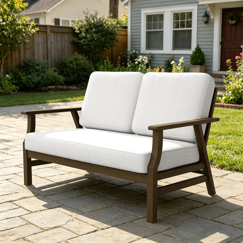 Solid Wood Teak Outdoor Loveseat With Cushion And Arms, Beige, Brown