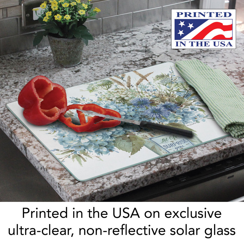 Bohemian Blue Floral Tempered Glass Cutting Board with Non-Slip Feet