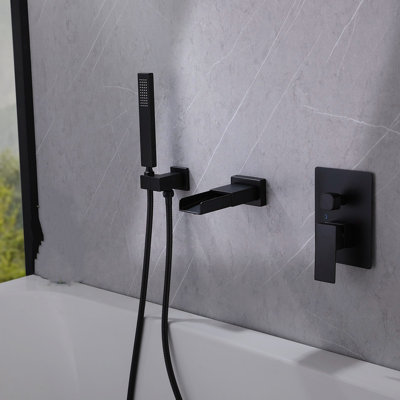Waterfall Single-Handle Double-Spout Wall-Mounted Bathtub Shower Faucet In Matte Black