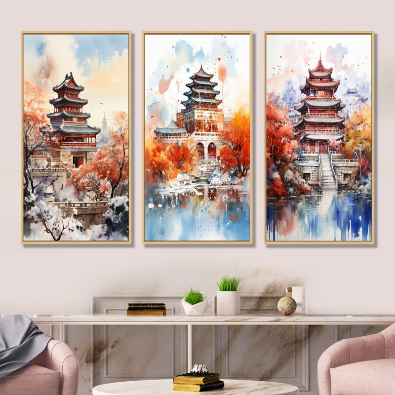 Ensemble de 3 reproductions d'art sur toile Pékin, Cadre flottant brun, H 40 po x l 60 po