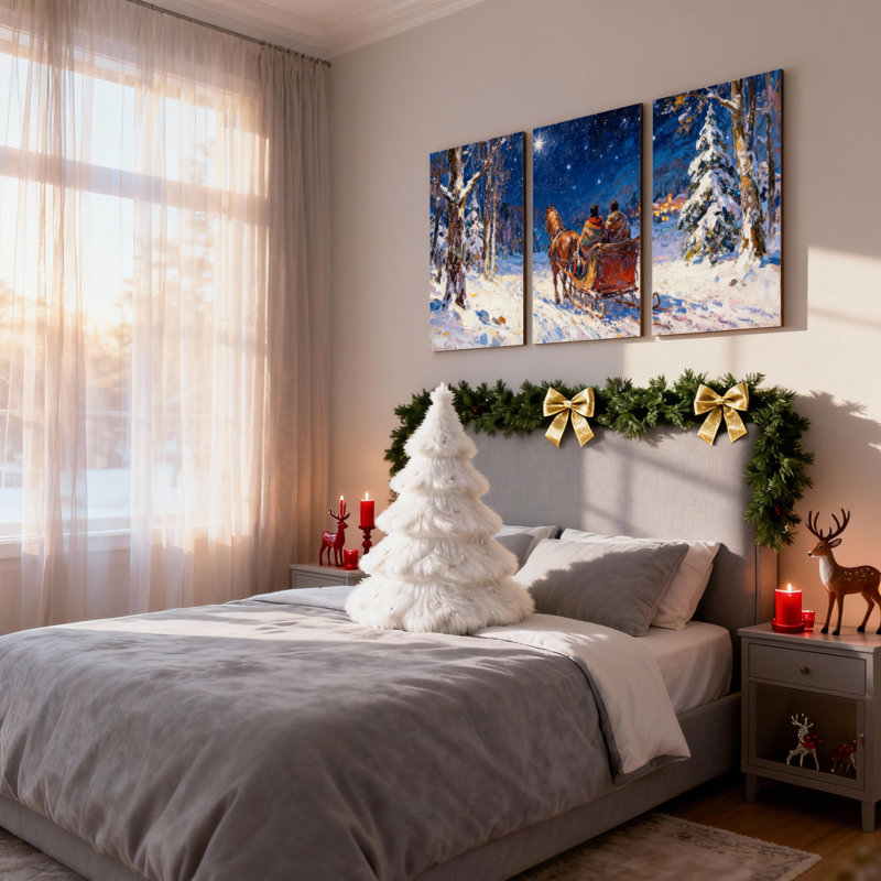 «Christmas Winter Night Sleigh Ride Snowy Forest Scene», ensemble de 3 impressions d'art sur toile