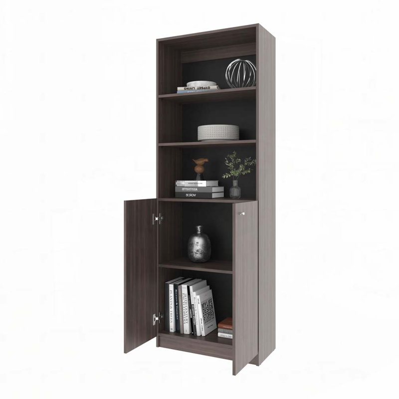 Bibliothèque à 5 tablettes avec rangement ouvert et 2 portes, Noyer