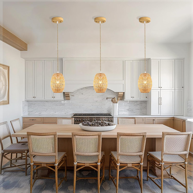 2-Pack Boho Rattan Pendant Light Fixture, Hand-Woven Wicker Chandelier With Hemp Rope For Dining Room Kitchen Island Bedroom Hallway, Hardwired E26 Socket Adjustable Hanging Height