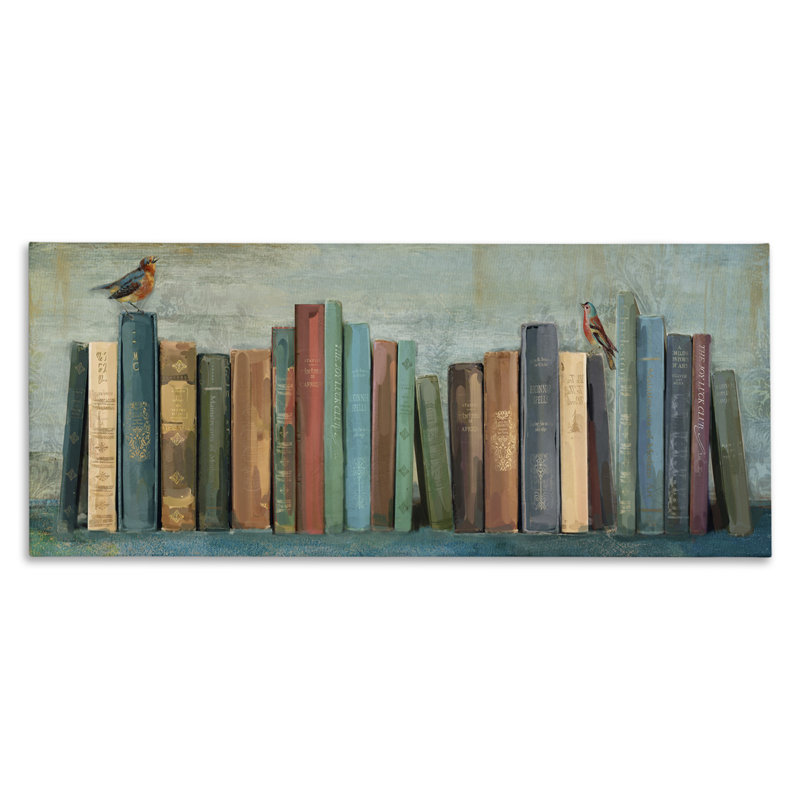 Books and Birds Green Blue Abstract Canvas Wall Art