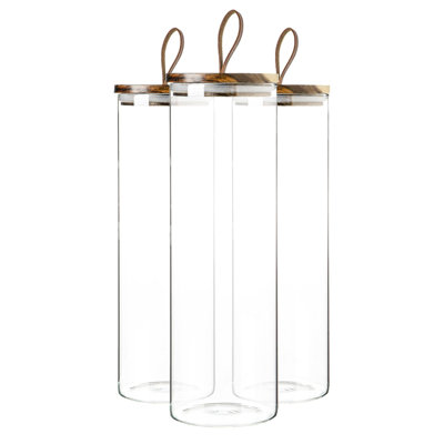 Argon Tableware - Glass Storage Jars with Wooden Lids - Leather Loop - 2 Litre - Set of 3