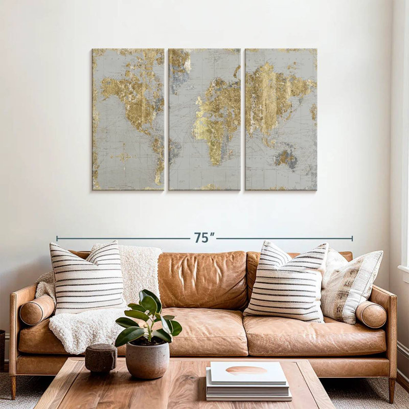 Aliaz Gilded Map Light Gray, 36" H x 57" W
