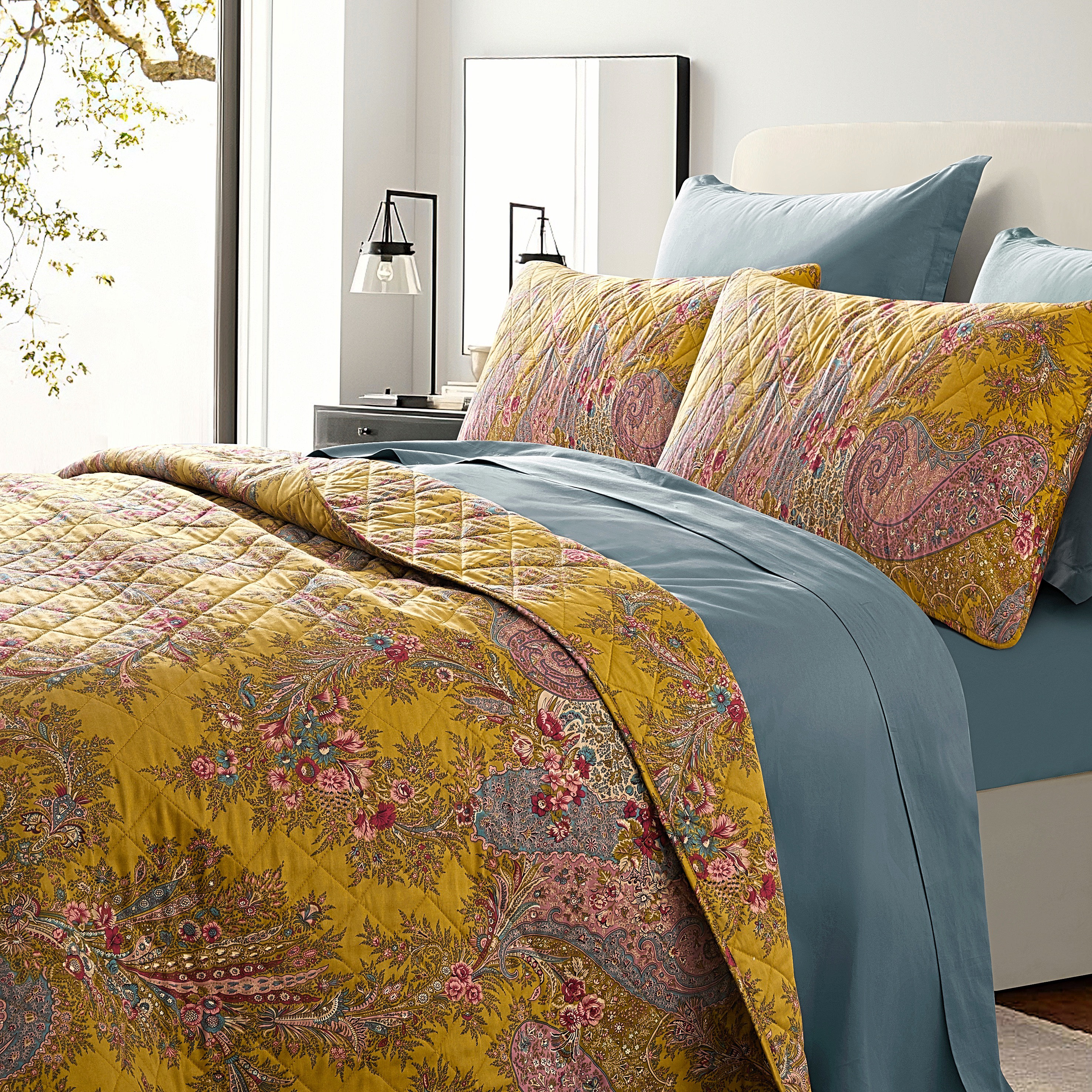 Brown Beige Teal Floral Patchwork 9 pc Comforter Set Full Queen