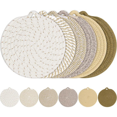 Dessous de plat de 18 cm pour plats chauds, ensemble de 6 sous-plats pour casseroles et poêles chaudes | Dessous de plat en coton pour comptoirs et comptoirs, résistants à la chaleur, aux rayures et aux taches, brun