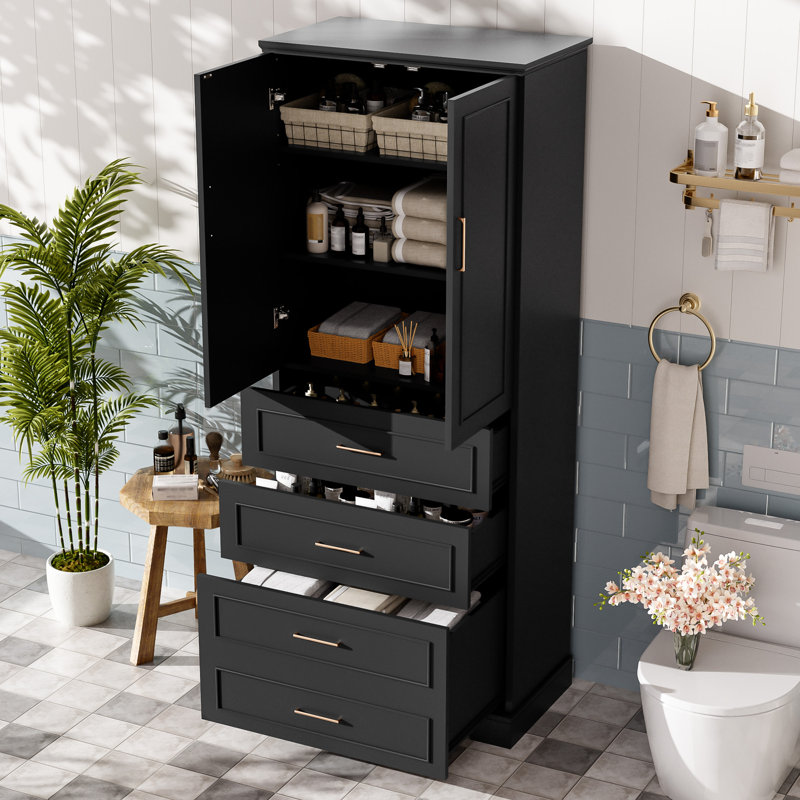 Armoire à linge autoportante pour rangement de salle de bain, Noir