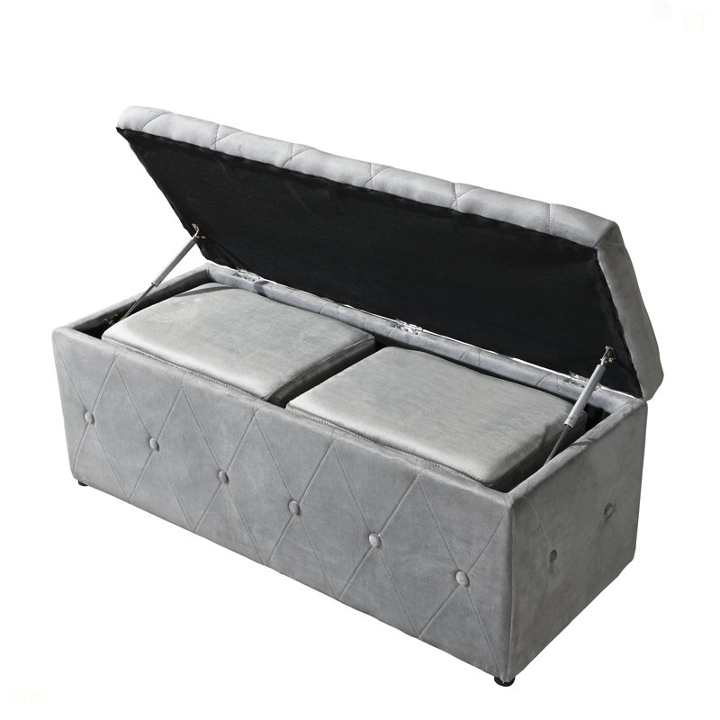1 Piece Rectangular Storage Ottoman Short Velvet With 2 Set Ottomans (Light Gray), Light Gray