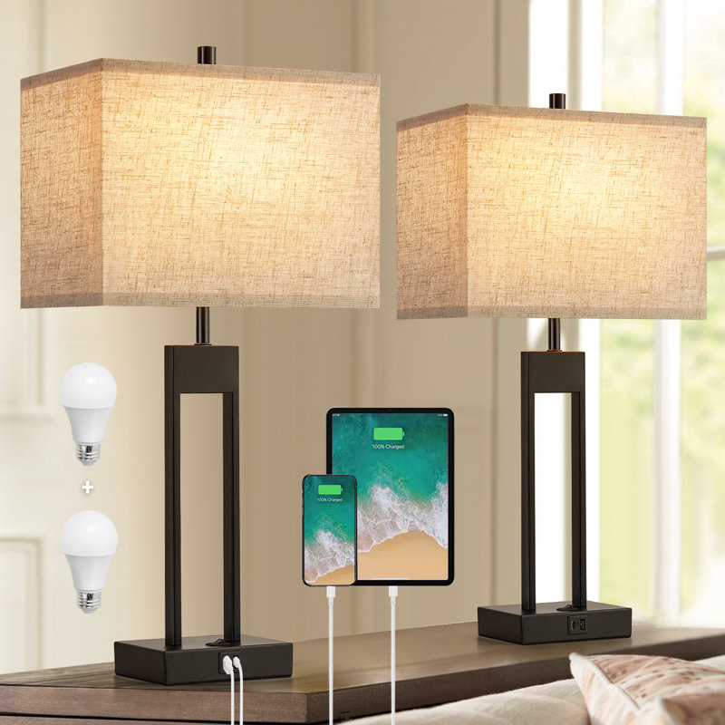 Abdull 25.5" Metal Table Lamp Set with USB A+C Ports with 3 Colors Changeable Desk Lamp, Black