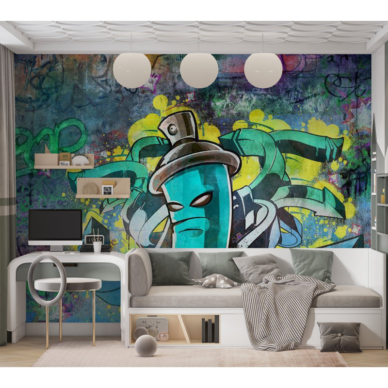 Murale monstres graffitis, L 5,67 pi x l 98 po, Bleu / Jaune / Vert