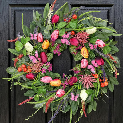 Couronne de printemps artificielle pour la porte d'entrée, couronne florale d'eucalyptus rose avec papillons, fenêtre de porche de maison d'été, décoration de Pâques à l'année