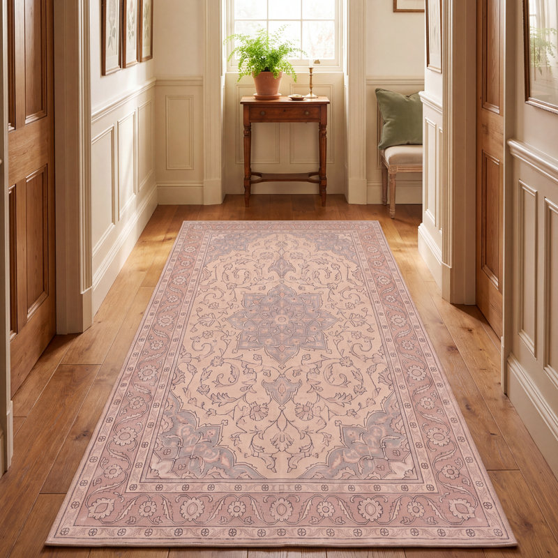 Tapis Brook traditionnel avec médaillon, style persan, gris crème, ivoire, beige, rose, lavable à la machine, antidérapant, à poils courts, pour l'intérieur et l'extérieur, adapté aux animaux domestiques, salon, chambre, salle à manger, entrée, couloir, bureau