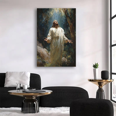 Jésus-Christ priant dans une forêt ensoleillée, peinture à l'huile classique, grande toile tendue sur châssis, idéale pour le salon ou la chambre.