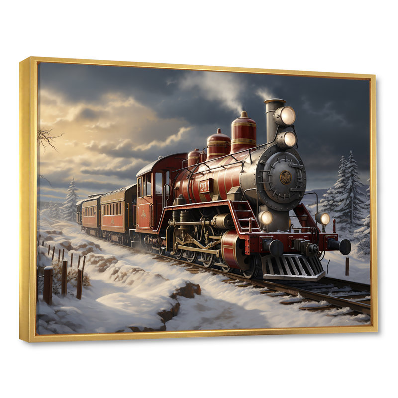 Train de Noël campagne d'hiver - train, art mural, Cadre flottant doré, H 34 po x l 44 po x P 1,5 po