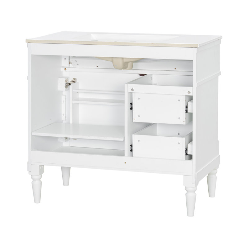 Meuble-lavabo de 36 po avec lavabo, armoire de salle de bain autoportante avec lavabo en céramique, tiroir rabattable, tablette réglable, structure en bois d'hévéa et panneaux de fibres à densité moyenne, poignées en métal