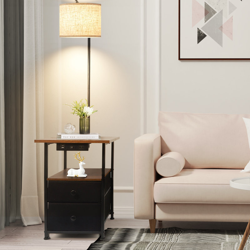 58.66" Tray Table Floor Lamp With USB & Outlet, Rustic Brown