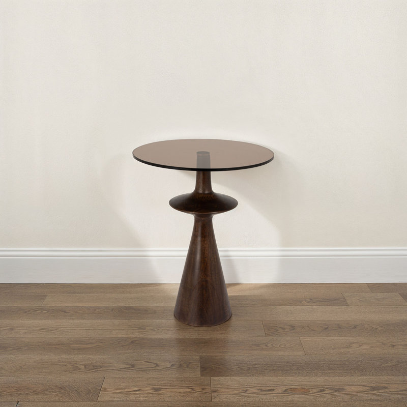 Fulton Round Glass and Mango Wood Accent Table, Brown, Walnut Finish/Brown