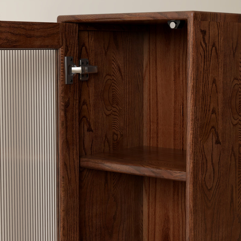 47"H Solid Oak Mid-Century Modern Accent Cabinets with 2 Drawers, Fluted Glass Door, Brown Oak, 47"H