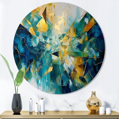«Golden Explosion Triangles VI», art mural rond abstrait géométrique sur métal