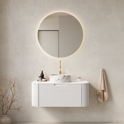 Meuble-lavabo 36 po, armoire de rangement rayée à bords arrondis avec tiroir, lavabo rond en céramique blanche avec motif en pierre et plateau en pierre frittée blanc de Carrare, pré-assemblé