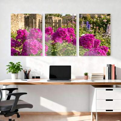 «Pink Flowers Garden Scene», ensemble de 3 reproductions d'art sur toile tendues sur toile