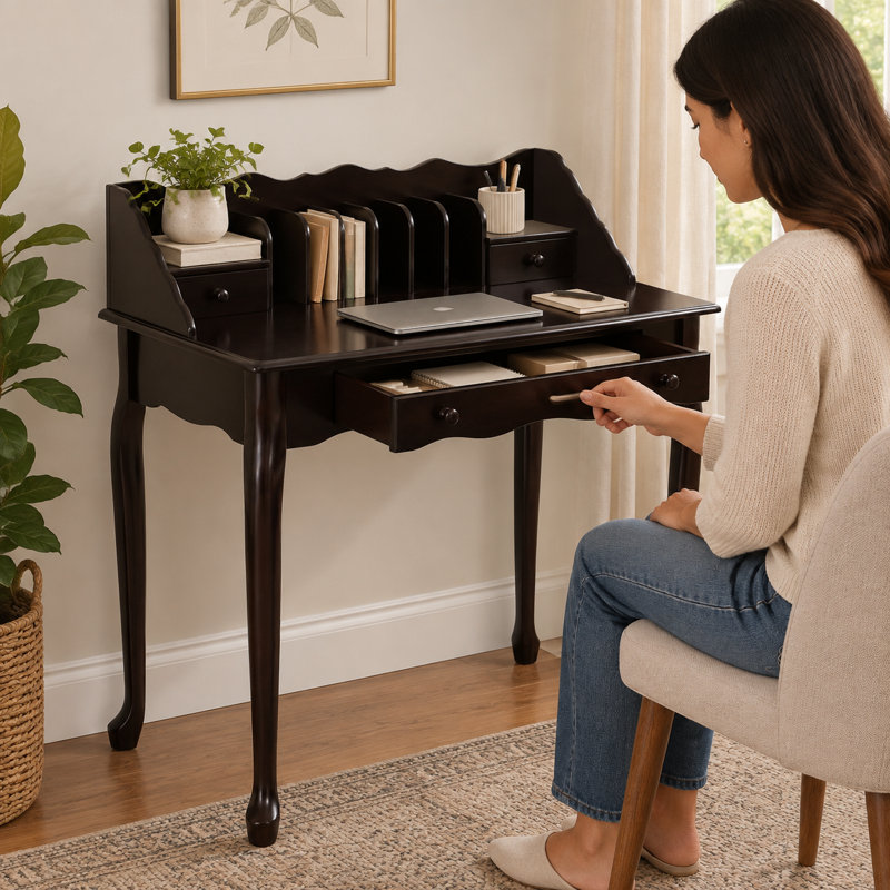 Secrétaire traditionnel de 96 cm de hauteur, brun, avec tiroirs de rangement