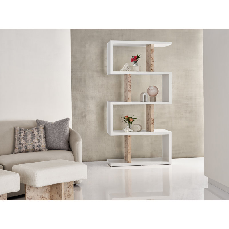 42" White and Beige Modern Etagere with Burl Dividers