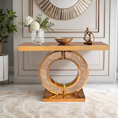 Mirrored Console Table With Crushed diamond Inlay, Long Entryway Sofatable