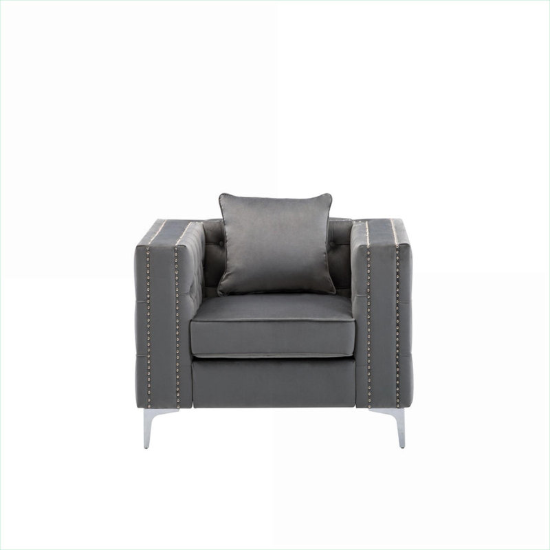 Fauteuil d'appoint capitonné avec garniture cloutée, revêtement en velours gris doux de 40 po de largeur