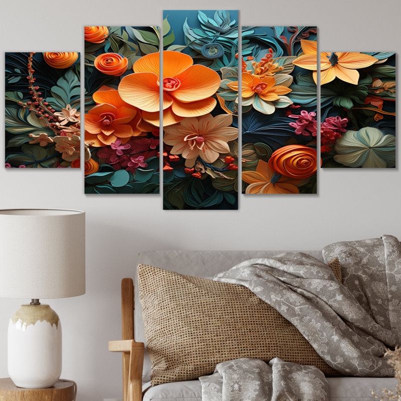 Ensemble de salon art mural orange orange et tropical Tangle V - collages abstraits