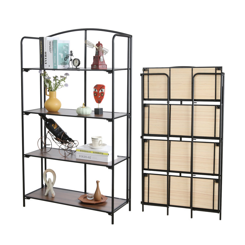 Lejon No Assembly Folding Etagere Bookcase, (4 Shelves) 53.2" H x 30.9" W x 12.6" D, Black