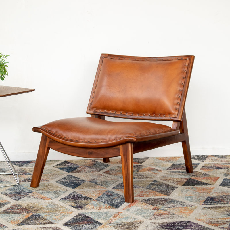Russ Genuine Leather Accent Chair Mid-Century Modern Lounge Chair with Solid Wood Frame