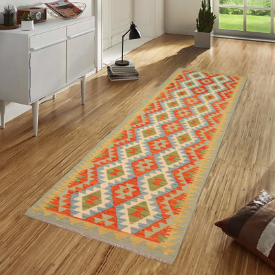 Tapis de couloir à motif géométrique en laine bleu / orange / jaune 2 pi 7 po x 9 pi 8 po Beloit