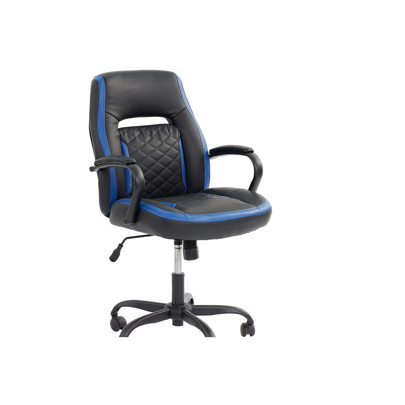Chaise de jeu bleue et noire en similicuir de bureau, conception ergonomique unique avec roulettes et accoudoirs, Noir / Bleu