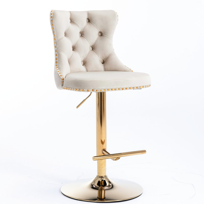 Velours beige à hauteur ajustable - de 2 pour la maison de pub et l'îlot de cuisine, rembourré moderne avec dossier, plus grand siège à tirette fabriqué à la main, dossier