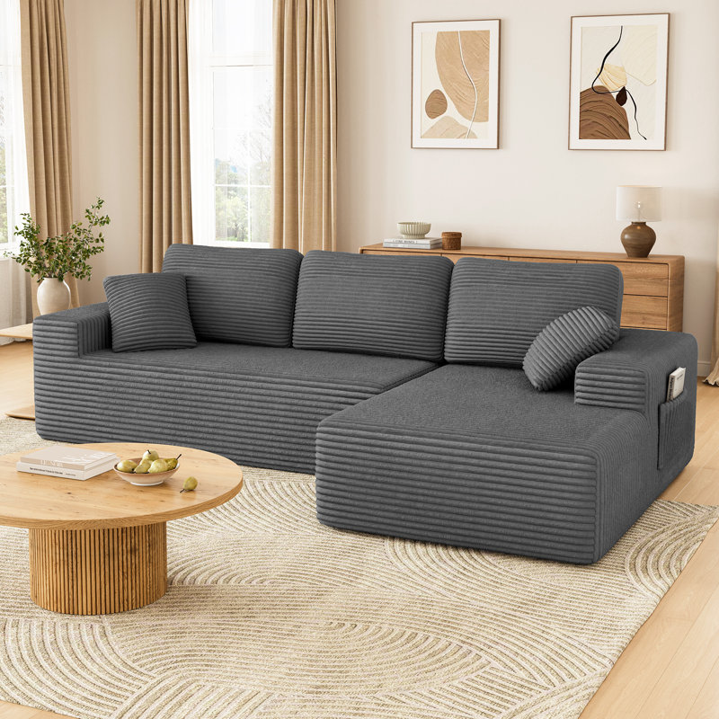 Canapé moderne modulaire en velours côtelé de 108 pouces avec design en forme de L, Orienté à droite, Velours côtelé gris