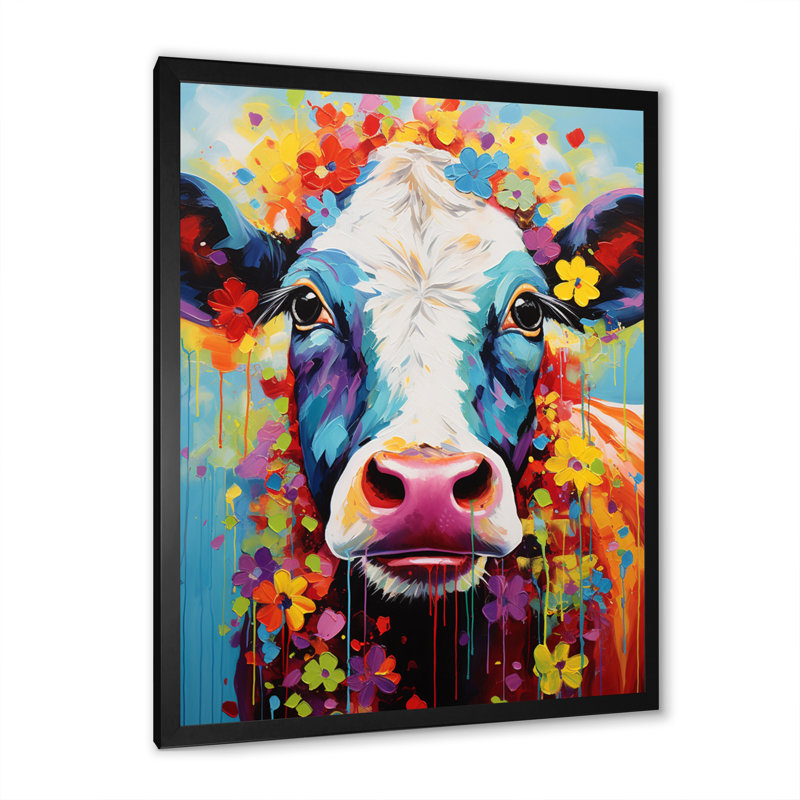 Vache fantaisie - art mural, H 20 po x l 12 po x P 1 po, Cadre simple noir
