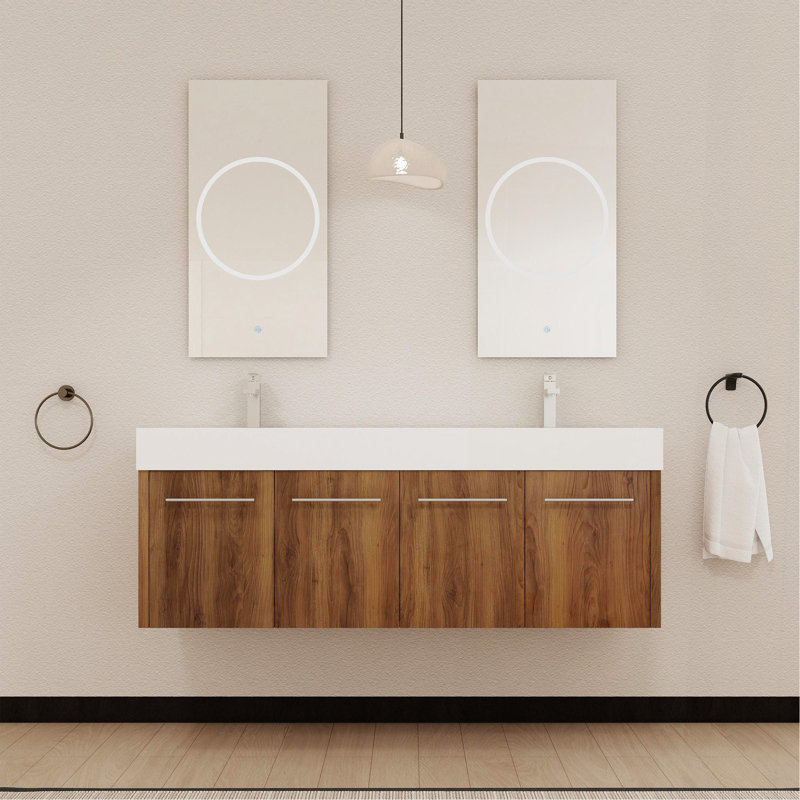 Meuble-lavabo mural de 60 po avec lavabo, lavabo double en résine à rebords épais, ensemble KD