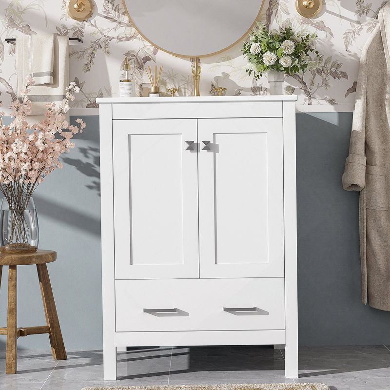 24-inch  bathroom vanity with integrated undermount basin and a storage cabinet featuring 2 doors and 1 drawer. Includes double-layer door shelf, soft-close design