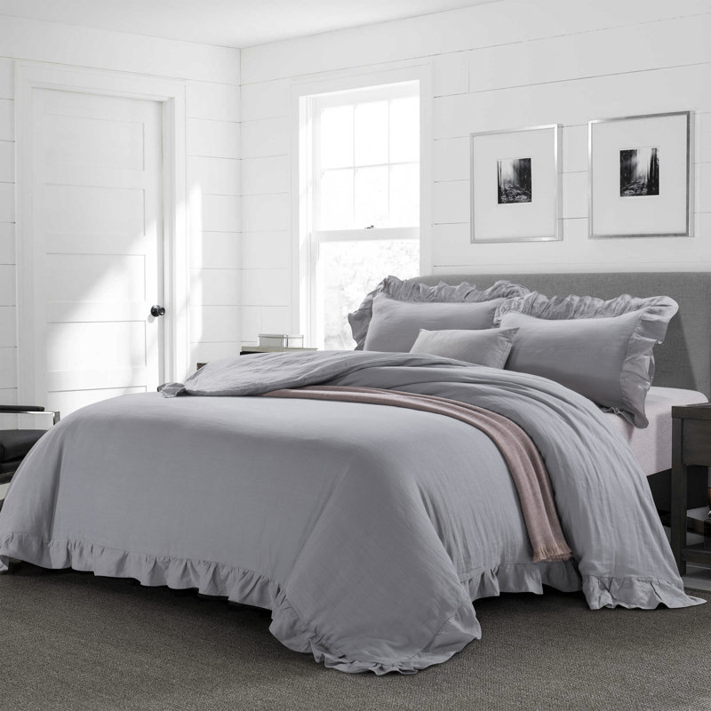 Gray Full/Queen Stone Washed Linen Ruffled Duvet Cover Set