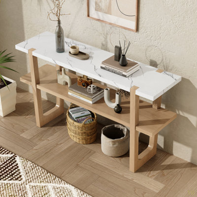 Narrow Console Table With Marble-Effect Top, Retro Entryway Table With Open Shelf, Sofa Table For Entryway, Hallway And Living Room